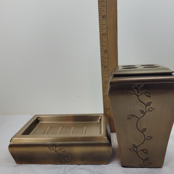 Thomas O'Brien Metal Bronze Soap Dish Toothbrush Holder Set Leaf Detail Bath - Picture 11 of 12